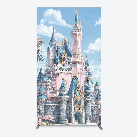 Lofaris Dreamy Pink and Blue Fairytale Castle Rectangle Arch Backdrop Enchanted Princess Party Decor for Girls