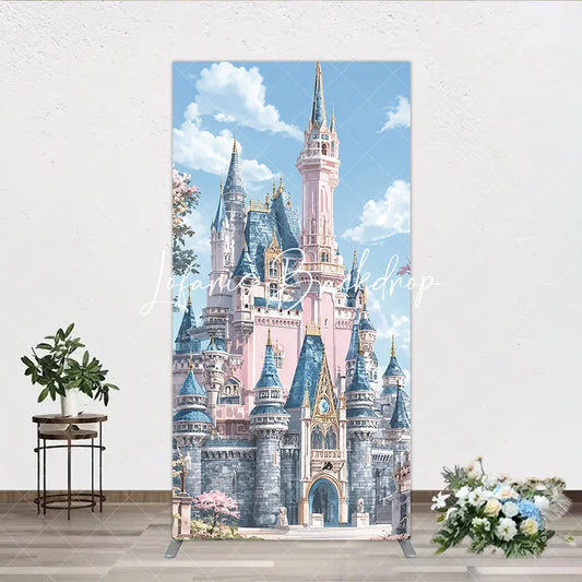 Lofaris Dreamy Pink and Blue Fairytale Castle Rectangle Arch Backdrop Enchanted Princess Party Decor for Girls