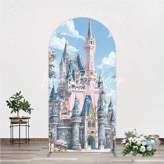 Lofaris Dreamy Pink and Blue Fairytale Castle Round Top Arch Backdrop Enchanted Princess Birthday Party Decor