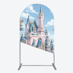 Lofaris Dreamy Pink and Blue Fairytale Castle Round Top Arch Backdrop Enchanted Princess Birthday Party Decor