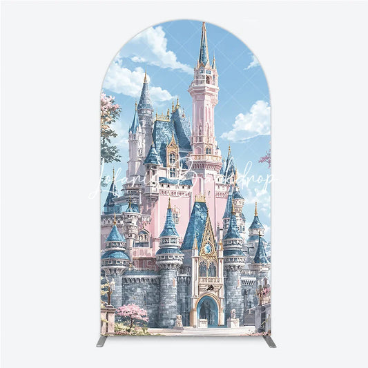 Lofaris Dreamy Pink and Blue Fairytale Castle Round Top Arch Backdrop Enchanted Princess Birthday Party Decor