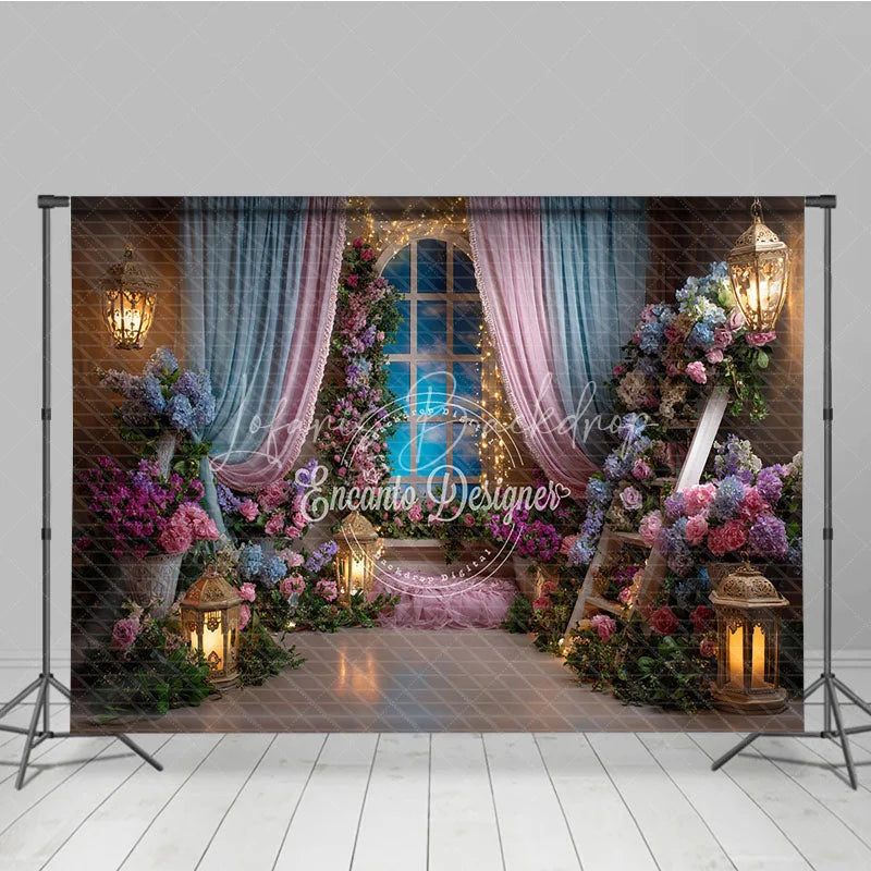 Lofaris Dreamy Pink and Blue Floral Window Photography Backdrop Enchanted Princess Garden for Baby Shower Birthday