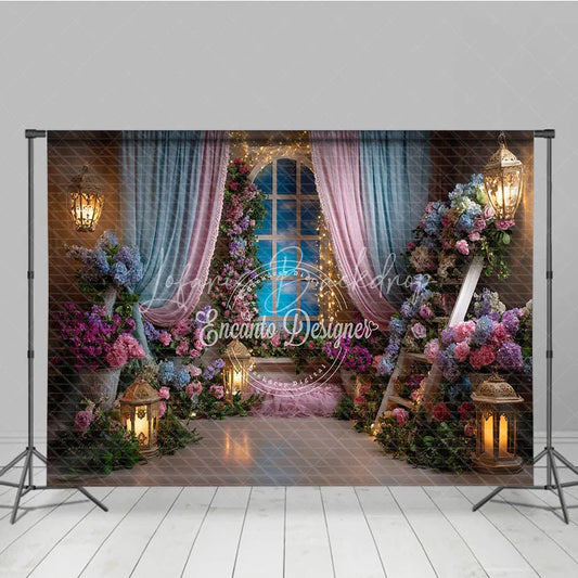 Lofaris Dreamy Pink and Blue Floral Window Photography Backdrop Enchanted Princess Garden for Baby Shower Birthday