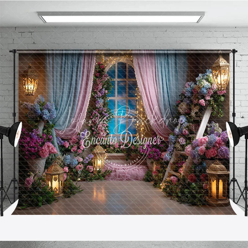 Lofaris Dreamy Pink and Blue Floral Window Photography Backdrop Enchanted Princess Garden for Baby Shower Birthday
