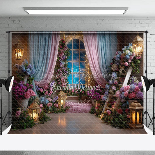 Lofaris Dreamy Pink and Blue Floral Window Photography Backdrop Enchanted Princess Garden for Baby Shower Birthday