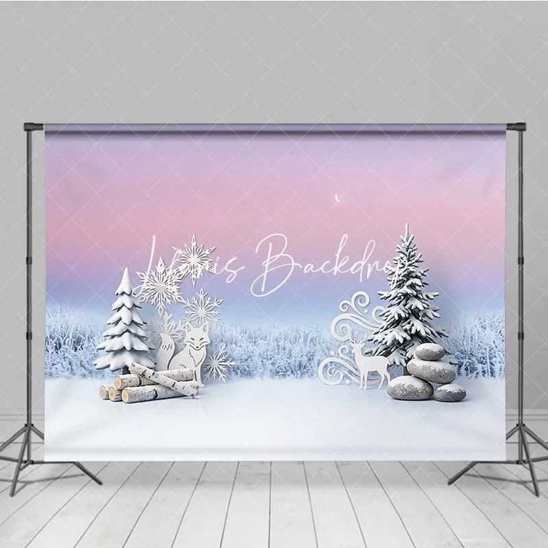Lofaris Dreamy Pink and Blue Winter Photography Backdrop with Snowflakes Fox Deer Pine Trees