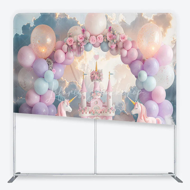 Lofaris Dreamy Pink Castle Unicorn and Pastel Balloon Arch Square Double-Sided Backdrop Magical Birthday Party Decor