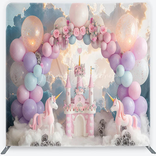 Lofaris Dreamy Pink Castle Unicorn and Pastel Balloon Arch Square Double-Sided Backdrop Magical Birthday Party Decor