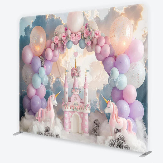 Lofaris Dreamy Pink Castle Unicorn and Pastel Balloon Arch Square Double-Sided Backdrop Magical Birthday Party Decor