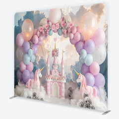 Lofaris Dreamy Pink Castle Unicorn and Pastel Balloon Arch Square Double-Sided Backdrop Magical Birthday Party Decor