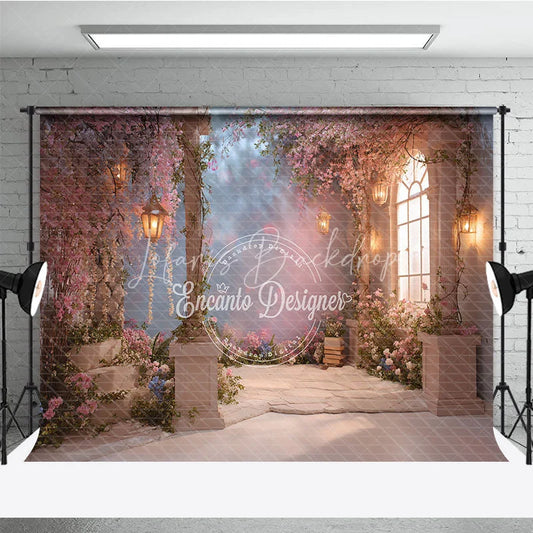 Lofaris Dreamy Pink Cherry Blossom Photography Backdrop Enchanted Garden with Stone Pillars and Glowing Lanterns
