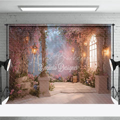 Lofaris Dreamy Pink Cherry Blossom Photography Backdrop Enchanted Garden with Stone Pillars and Glowing Lanterns