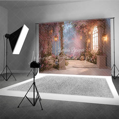Lofaris Dreamy Pink Cherry Blossom Photography Backdrop Enchanted Garden with Stone Pillars and Glowing Lanterns