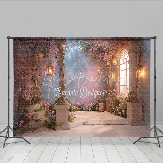 Lofaris Dreamy Pink Cherry Blossom Photography Backdrop Enchanted Garden with Stone Pillars and Glowing Lanterns