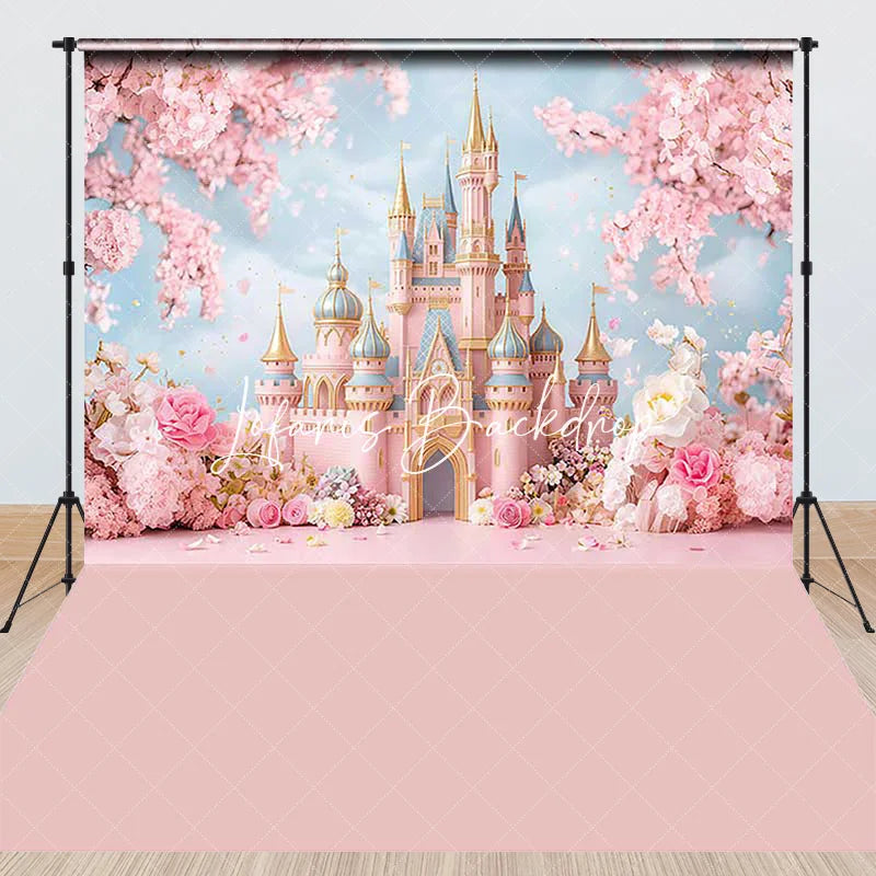 Lofaris Dreamy Pink Fairy Tale Castle Cherry Blossom Flowers Combo Set Backdrop Princess Birthday Baby Shower Decor