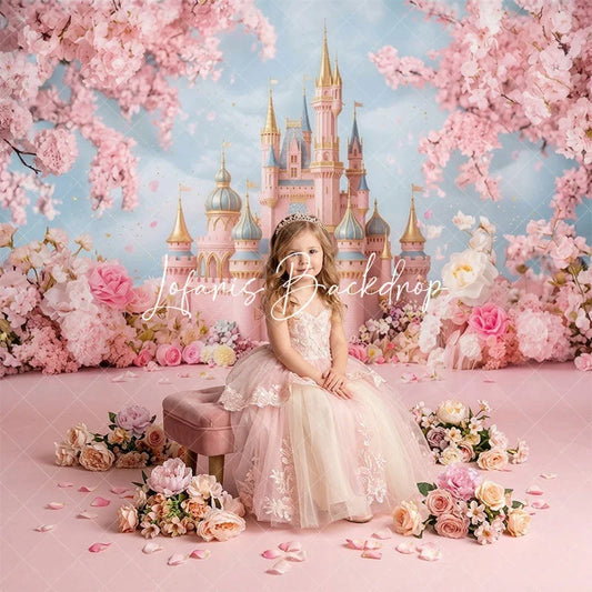 Lofaris Dreamy Pink Fairy Tale Castle Cherry Blossom Flowers Combo Set Backdrop Princess Birthday Baby Shower Decor