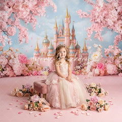 Lofaris Dreamy Pink Fairy Tale Castle Cherry Blossom Flowers Combo Set Backdrop Princess Birthday Baby Shower Decor