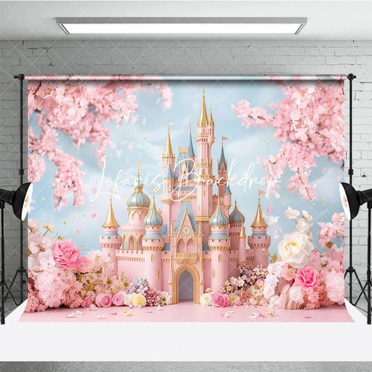 Lofaris Dreamy Pink Fairy Tale Castle Photography Backdrop with Cherry Blossoms and Floral Garden for Princess Birthday Party
