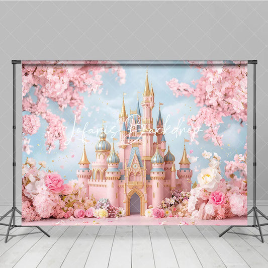 Lofaris Dreamy Pink Fairy Tale Castle Photography Backdrop with Cherry Blossoms and Floral Garden for Princess Birthday Party