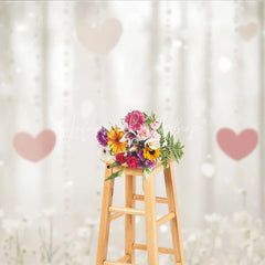 Lofaris Dreamy Pink Hearts and White Flowers Photography Backdrop Sparkling Bokeh Crystal Strands for Romantic Celebrations