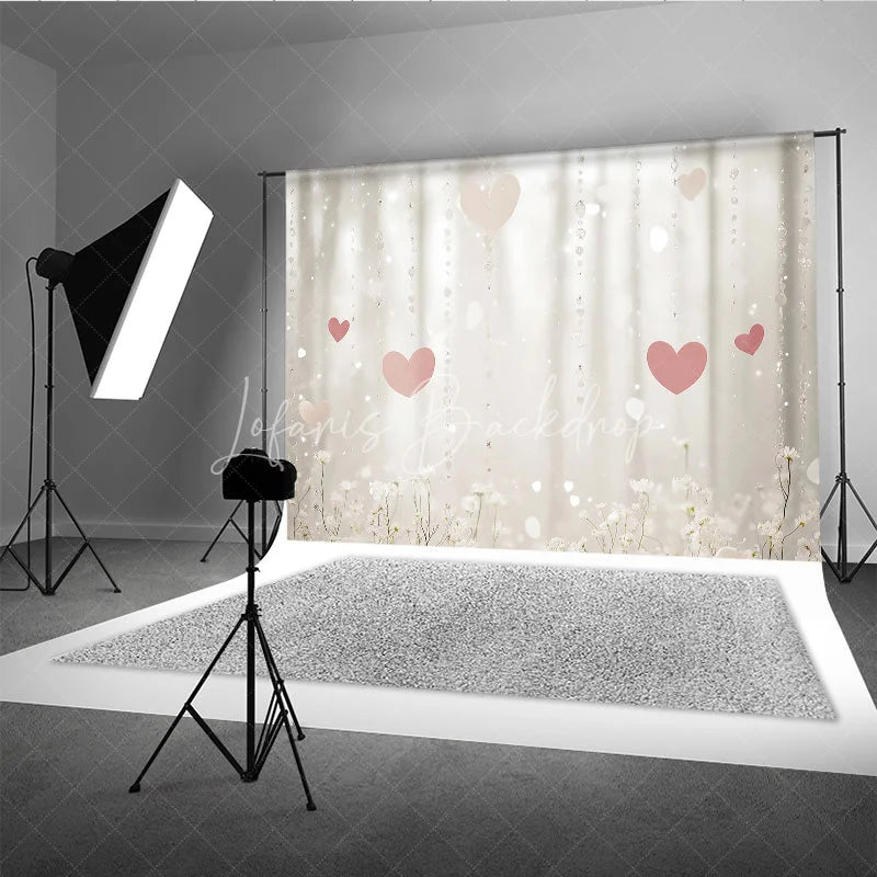Lofaris Dreamy Pink Hearts and White Flowers Photography Backdrop Sparkling Bokeh Crystal Strands for Romantic Celebrations