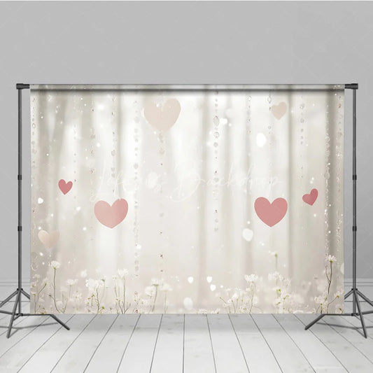 Lofaris Dreamy Pink Hearts and White Flowers Photography Backdrop Sparkling Bokeh Crystal Strands for Romantic Celebrations
