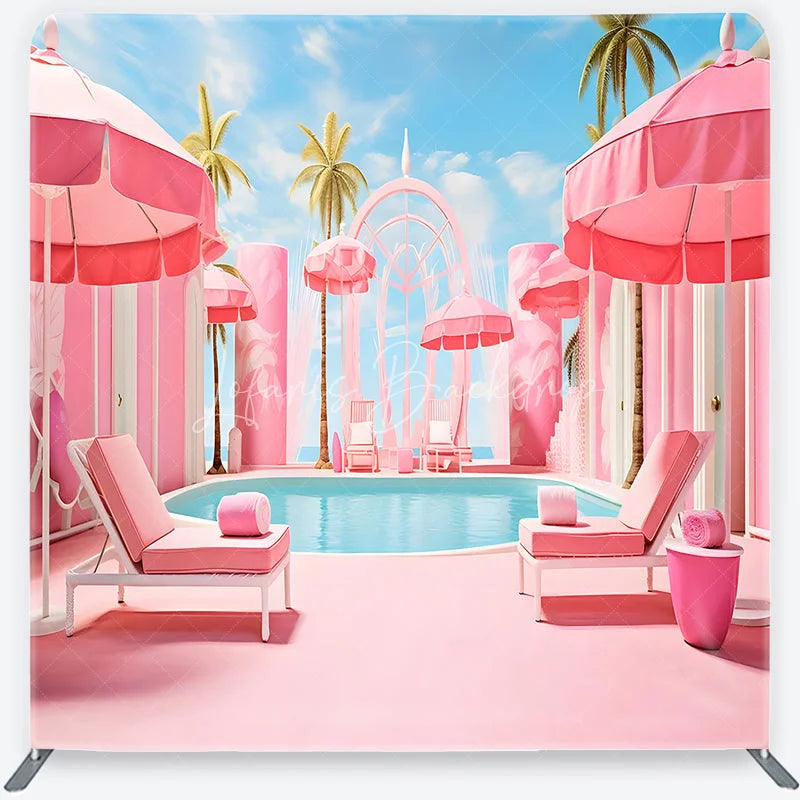 Lofaris Dreamy Pink Poolside Resort with Palm Trees and Umbrellas Square Double-Sided Backdrop Tropical Summer Party Decor