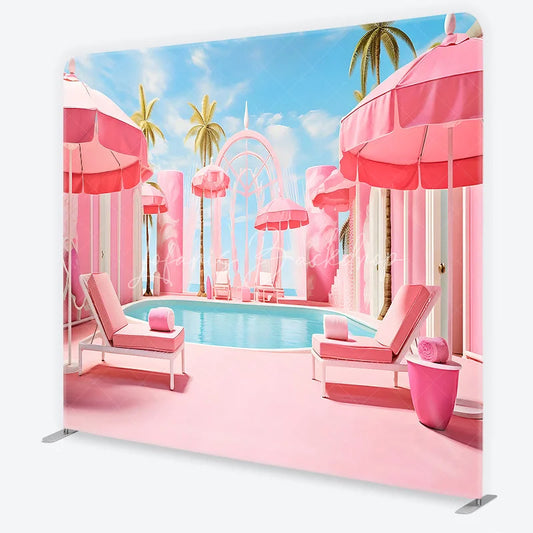 Lofaris Dreamy Pink Poolside Resort with Palm Trees and Umbrellas Square Double-Sided Backdrop Tropical Summer Party Decor