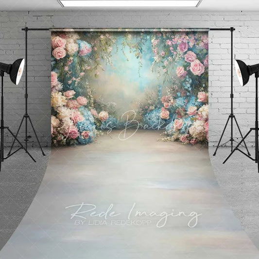 Lofaris Dreamy Pink Roses Blue Hydrangeas Floral Garden Backdrop Spring Wedding Photography Baby Shower Portrait Studio