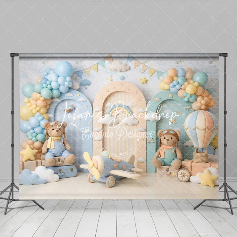 Lofaris Dreamy Teddy Bear Aviator Photography Backdrop with Hot Air Balloon and Airplane for Baby Shower Birthday Party
