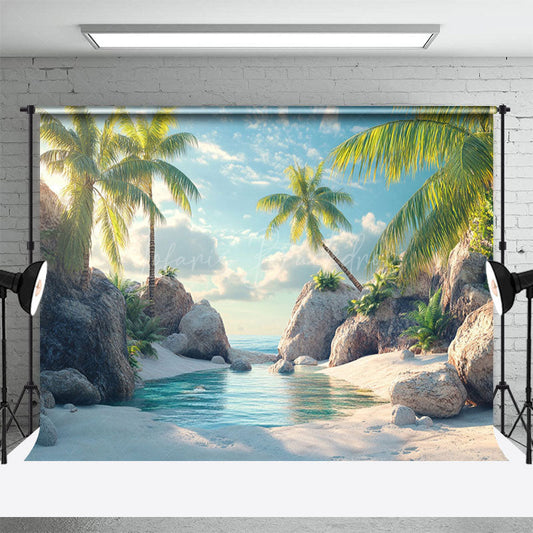 Lofaris Dreamy Tropical Beach Scene Water Palms Backdrop