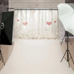Lofaris Dreamy White Floral and Pink Hearts Sweep Backdrop Romantic Sparkling Lights for Valentine’s Day Wedding
