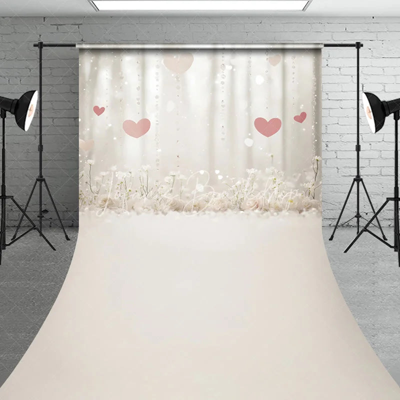 Lofaris Dreamy White Floral and Pink Hearts Sweep Backdrop Romantic Sparkling Lights for Valentine’s Day Wedding