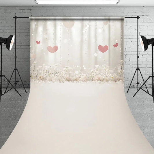 Lofaris Dreamy White Floral and Pink Hearts Sweep Backdrop Romantic Sparkling Lights for Valentine’s Day Wedding