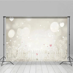 Lofaris Dreamy White Picket Fence Photography Backdrop with Bokeh Lights and Pink Hearts for Romantic Portraits