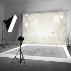 Lofaris Dreamy White Picket Fence Photography Backdrop with Bokeh Lights and Pink Hearts for Romantic Portraits