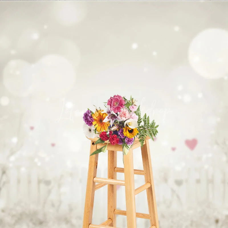 Lofaris Dreamy White Picket Fence Photography Backdrop with Bokeh Lights and Pink Hearts for Romantic Portraits