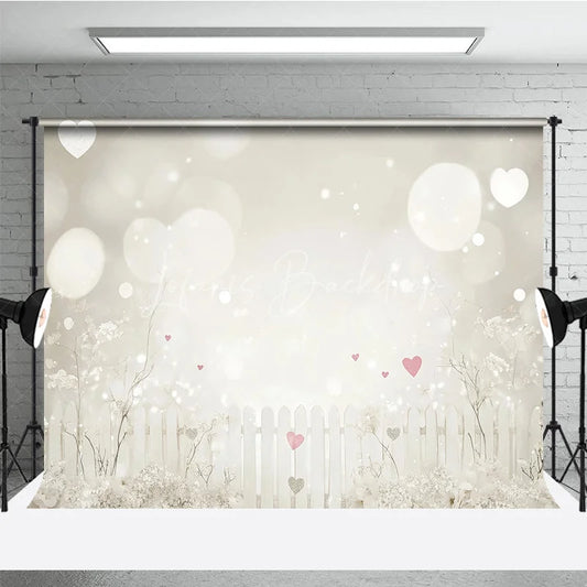 Lofaris Dreamy White Picket Fence Photography Backdrop with Bokeh Lights and Pink Hearts for Romantic Portraits