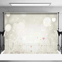 Lofaris Dreamy White Picket Fence Photography Backdrop with Bokeh Lights and Pink Hearts for Romantic Portraits