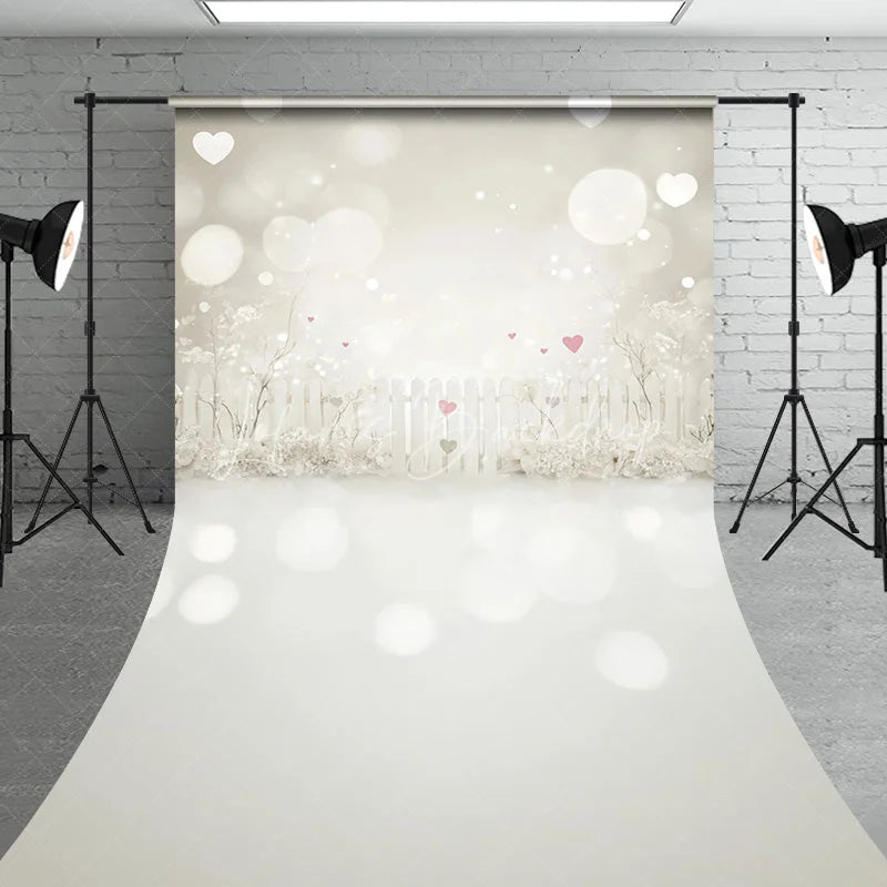 Lofaris Dreamy White Picket Fence Sweep Backdrop Romantic Pink Hearts and Bokeh Lights for Valentine’s Day Party