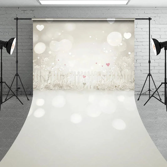 Lofaris Dreamy White Picket Fence Sweep Backdrop Romantic Pink Hearts and Bokeh Lights for Valentine’s Day Party