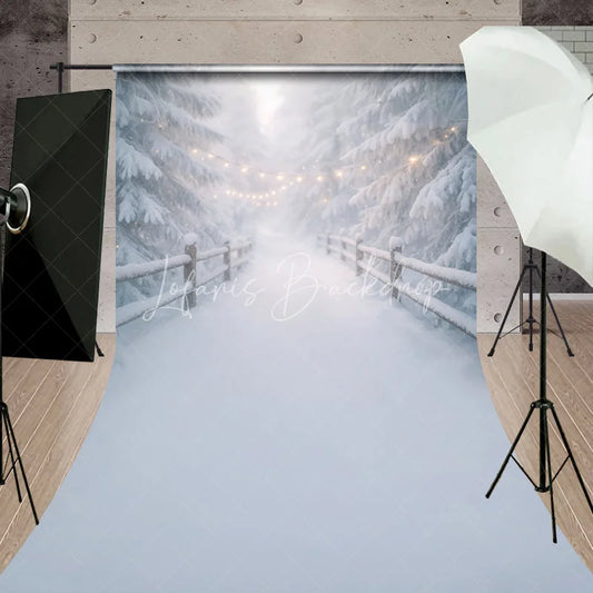 Lofaris Dreamy Winter Wonderland Sweep Backdrop with Snow Covered Pine Trees and Festive String Lights