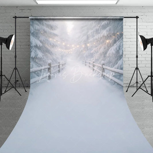 Lofaris Dreamy Winter Wonderland Sweep Backdrop with Snow Covered Pine Trees and Festive String Lights