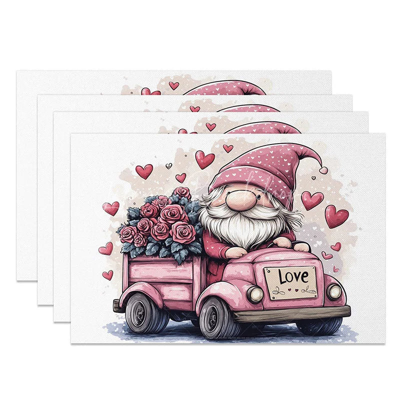 Lofaris Driving Gnome Pink Truck Set of 4 Placemats Rose Delivery Valentine Decoration Love License Plate Mat