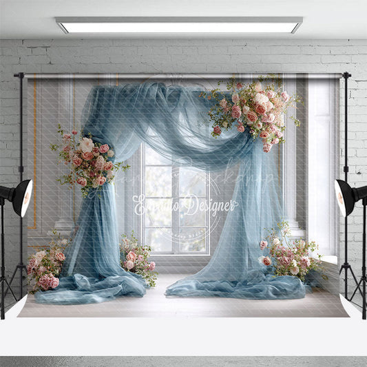 Lofaris Dusty Blue Draped Wedding Arch Photography Backdrop Pink Rose Floral Decor Elegant Indoor Ceremony Background