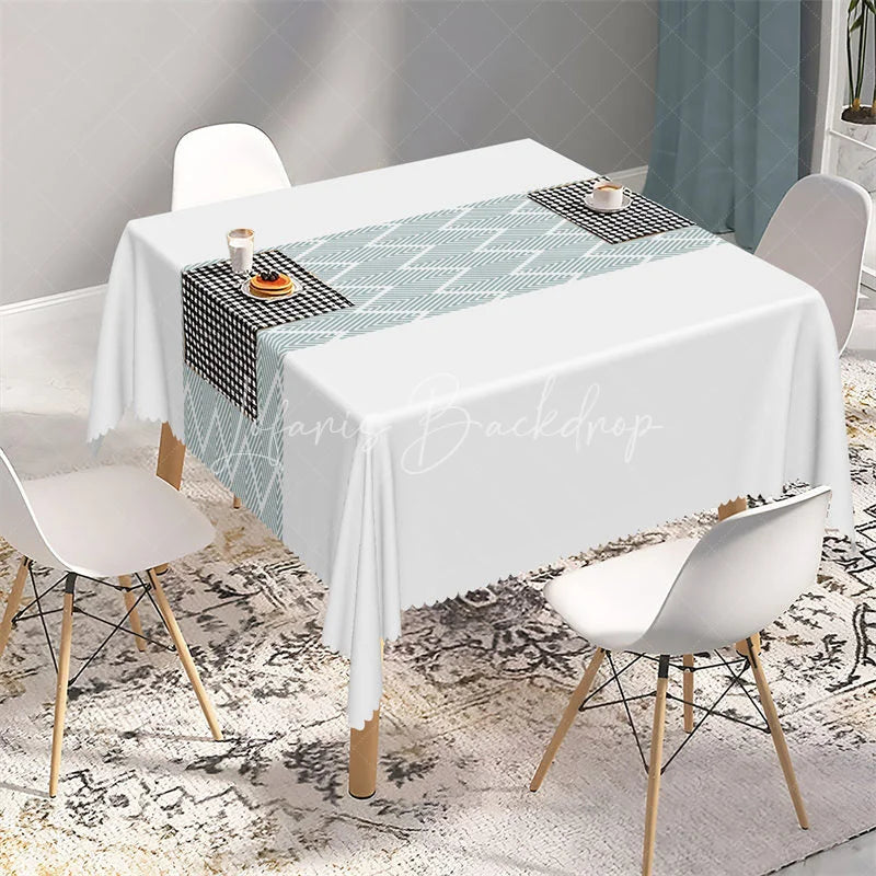 Lofaris Dusty Blue Geometric Band Rectangle Tablecloth Modern White Herringbone Pattern Table Cover