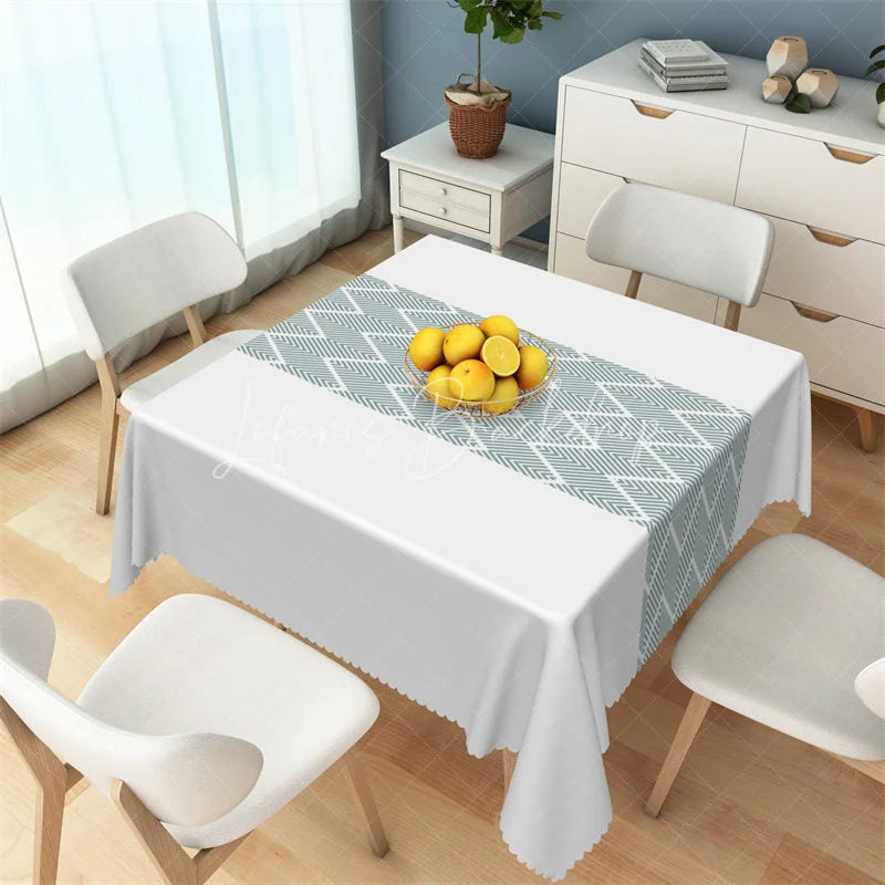 Lofaris Dusty Blue Geometric Band Rectangle Tablecloth Modern White Herringbone Pattern Table Cover