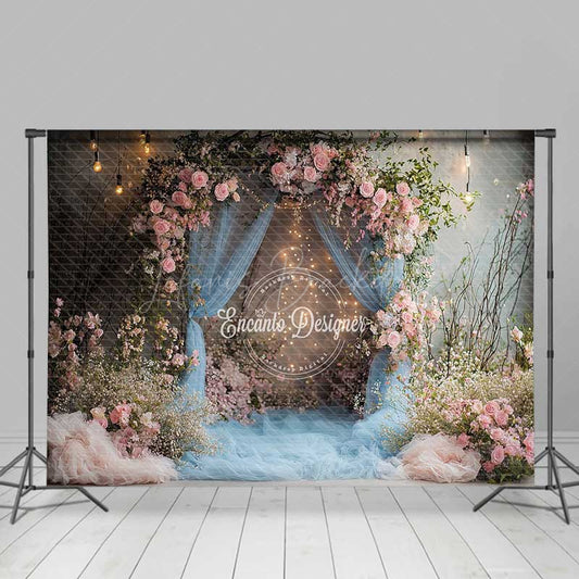 Lofaris Dusty Blue Tulle Wedding Arch Photography Backdrop Romantic Pink Roses and Greenery Indoor Night Ceremony Prop