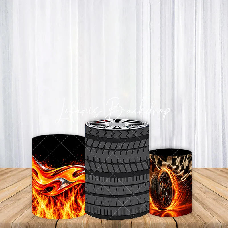 Lofaris Dynamic Black Racing Tire and Fiery Flames Cylinder Cover Checkered Flag Speed Theme Party Decor