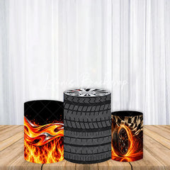 Lofaris Dynamic Black Racing Tire and Fiery Flames Cylinder Cover Checkered Flag Speed Theme Party Decor